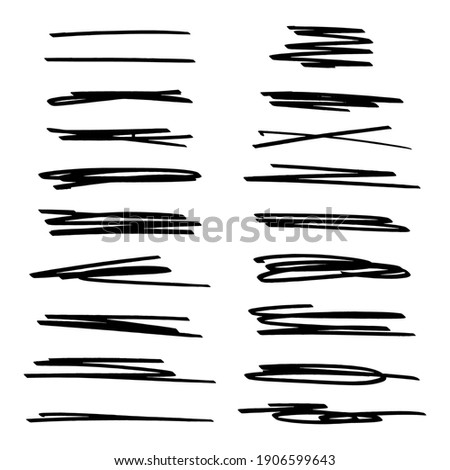 Vector set of highlight lines and underlines. Collection of hand drawn strikethrough graphic marker elements. Stock illustration isolated on white background. Royalty-Free Stock Photo #1906599643