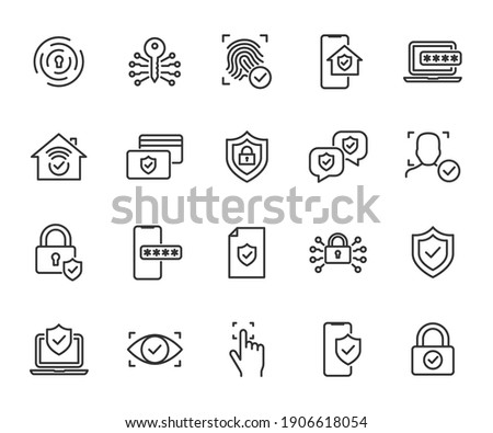 Vector set of security line icons. Contains icons digital lock, cyber security, password, smart home, computer security, electronic key, fingerprint and more. Pixel perfect. Royalty-Free Stock Photo #1906618054