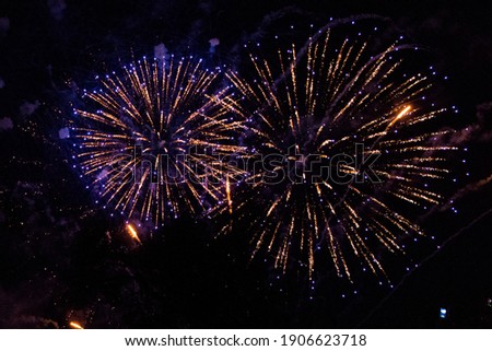 Huge fireworks explosions with Violet and golden colors over a party in the park. In front of the black night sky Royalty-Free Stock Photo #1906623718