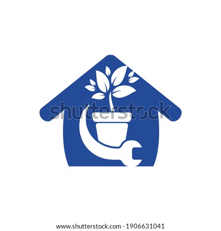 Garden fix vector logo concept. Flower pot and wrench with home logo icon.	