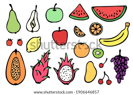 Vector set of hand drawn colored fruits: pear, papaya, dragon fruit, banana, grape, watermelon, lemon, kiwi, mango, apple, cherry. Elements isolated on white background