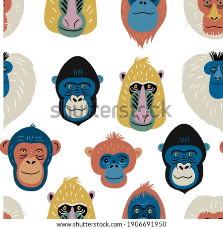 Cute vector primates in flat style. Chimpanzee, Orangutan, Gorilla,
Lion-tailed macaque, Mandrill, Pygathrix roxellana, Macaca fuscata - primates cartoon character. Vector seamless pattern Royalty-Free Stock Photo #1906691950