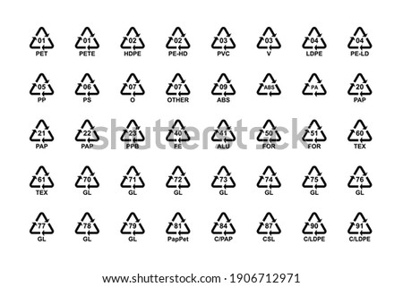 Recycling codes symbols set, plastic paper glass metal. Vector