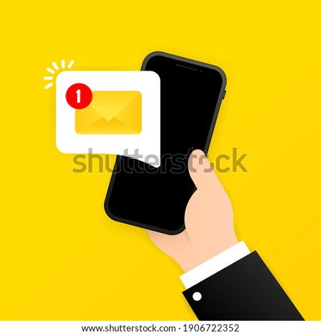 New email notification on mobile phone, smartphone screen. Hand holds a mobile phone with envelope on the screen. Vector on isolated background. EPS 10
