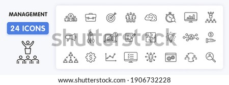 Set of 24 Management web icons in line style. Media, teamwork, business, planning, strategy, marketing. Vector illustration. Royalty-Free Stock Photo #1906732228