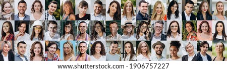 A lot of happy people, Portraits of group headshots in collage mosaic collection. Many smiling multicultural faces looking at camera. Human resource society database concept. Royalty-Free Stock Photo #1906757227