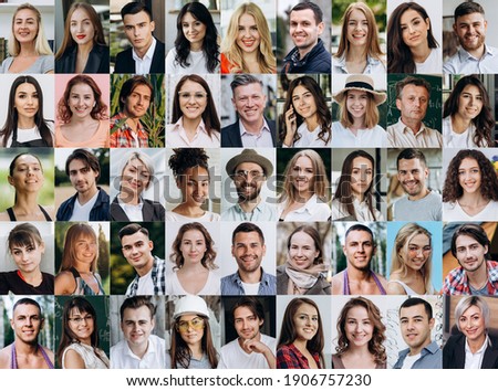 A lot of happy people, Portraits of group headshots in collage mosaic collection. Many smiling multicultural faces looking at camera. Human resource society database concept. Royalty-Free Stock Photo #1906757230