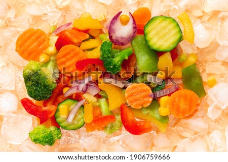 Frozen vegetables on ice. Stocks of food. Healthy lifestyle.  Flat lay.