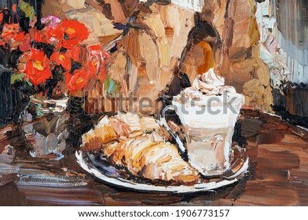The girl is sitting in a cafe. There are coffee and a croissant on the table. Pensive woman near a vase of flowers. Fragment of oil painting on canvas.
