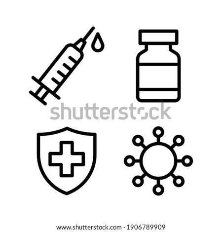 Syringe, Vaccine vial, Virus germ and Medical protective shield icon set, Treatment vaccine injection, Medical flat simple outline logo, Isolated on white background, Vector illustration Royalty-Free Stock Photo #1906789909