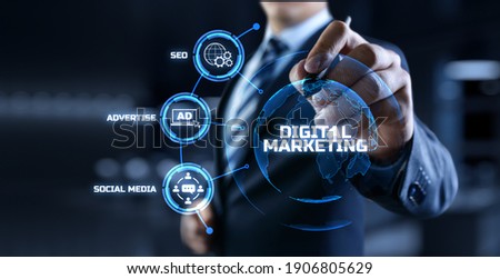 DIgital marketing online internet SEO SEM SMM. Businessman pressing button on screen. Royalty-Free Stock Photo #1906805629