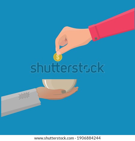 Person Hand giving alms. rich person give coin dollar to poor person
