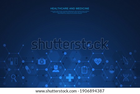 Vector illustration of healthcare and technology concept with flat icons and symbols. Template design for health care business, innovation medicine, pharmaceutical industry, science, medical research. Royalty-Free Stock Photo #1906894387