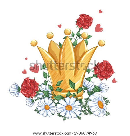 Gold crown with flowers. Vector festive composition with red roses and white daisies and hearts.
