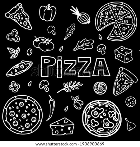 big set of vector illustration with pizza. garlic, cheese salad leaf,   mishroom, tomato, pizza cut. Hand drawn food. Icon, symbol, logo. ingredient for cook.