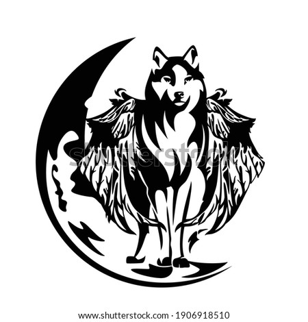 black and white vector outline of standing mythical winged wolf and crescent moon