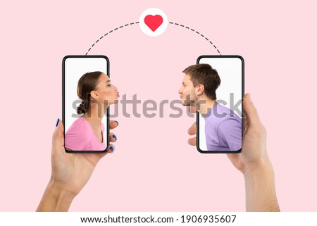 Virtual Date, Celebrating Valentine's Day Online. Creative collage of young couple blowing virtual air kissing from the screen of their smartphones, boyfriend and girlfriend holding gadgets Royalty-Free Stock Photo #1906935607
