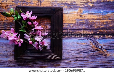 Old wooden frame with spring flowers and leaves on rustic wooden background. Spring composition with copy space.