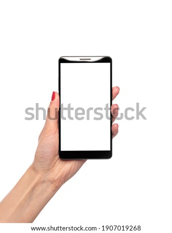 Smartphone with a white screen in a female hand isolated on a white background.
