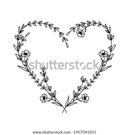 Hand drawn floral heart frame wreath on white background