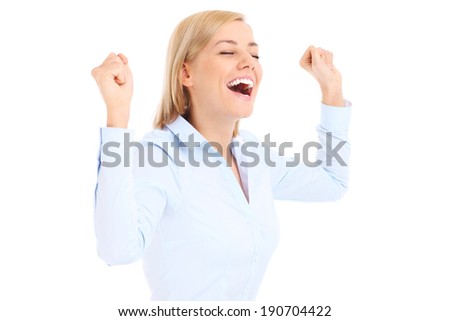 A picture of a happy businesswoman showing her joy over white background