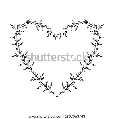 Hand drawn floral heart frame wreath on white background