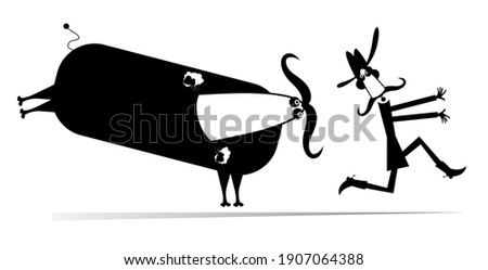 Farmer or cowboy and angry bull illustration. Frightened long mustache farmer or cowboy in cowboy hat runs away from the angry bull black on white
