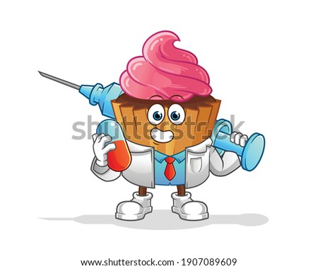cup cake doctor holding medichine and injection vector. cartoon character