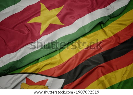 waving colorful flag of zimbabwe and national flag of suriname. macro