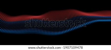 Abstract blue and red particles background. Flow wave with dot landscape. Digital data structure. Future mesh or sound grid. Pattern point visualization. Technology vector illustration.