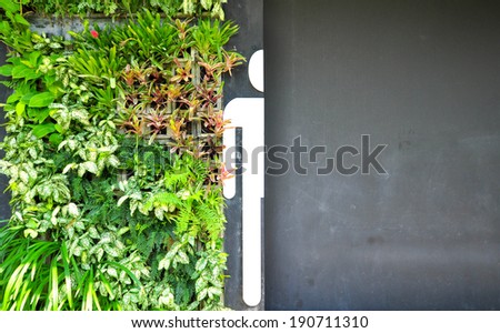 Sign of public toilets WC on wall garden background