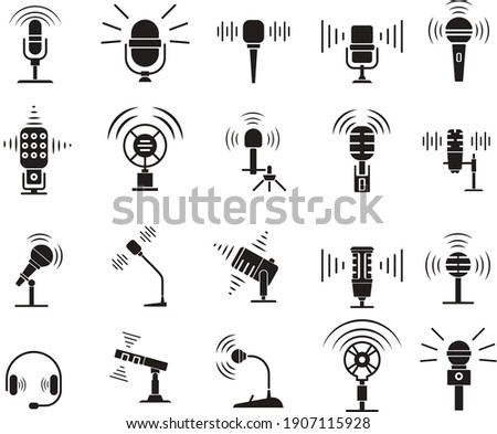 Microphone silhouette icon set. Equipment for podcasts, concerts, and speakers. Simple design for websites and mobile apps. Vector illustration isolated on a white background.