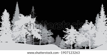illustration with coniferous tree silhouettes isolated on black background