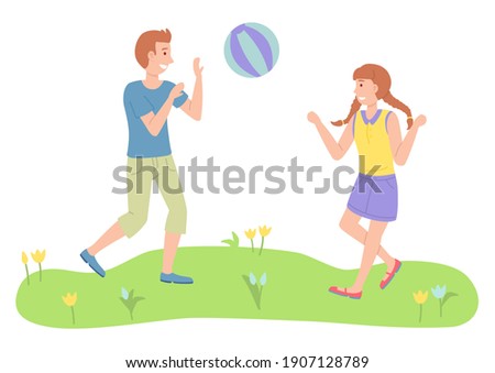 Illustration of the two children playing toy ball near the park. The best summer child's outdoor activities. Active family weekend children's games. Kids volleyball on the grass, team ball game