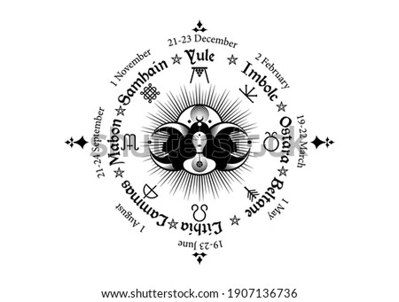 wheel of the Year is an annual cycle of seasonal festivals. Wiccan calendar and holidays. Compass with triple moon Wicca woman pagan goddess and moon phases symbol, names in Celtic of the Solstices Royalty-Free Stock Photo #1907136736