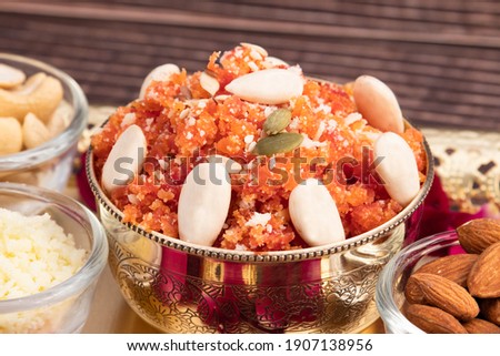 Festive Mithai Gajar Ka Halwa Halva Or Carrot Pudding Gajrela Halua Made Of Grated Carrots Milk Cream Meetha Mava Sugar Desi Ghee Khoya Mawa Badam Kaju Is Enjoyed In Festivals Like Holi Diwali And Eid