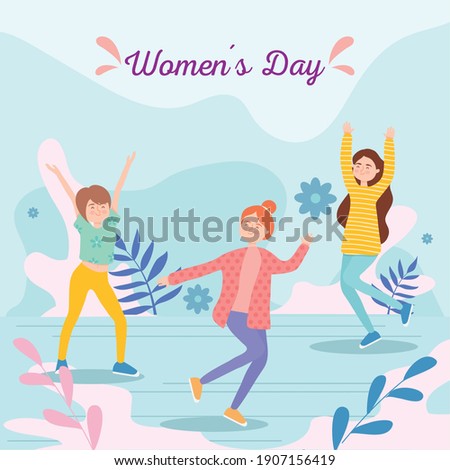 Womens day girls cartoons with flowers and leaves design of Woman empowerment theme Vector illustration