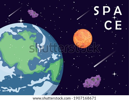 Space earth world mars and asteroids of universe cosmos and futuristic theme Vector illustration