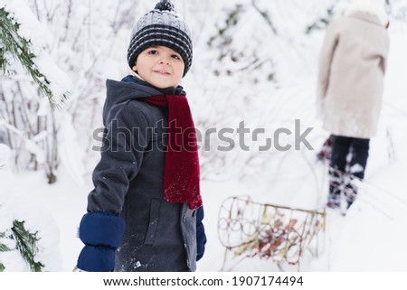 Little beautiful stylish boy riding sled. Winter hat, woolen coat, red scarf, snood. Kid walking, playing in forest, park among fur trees covered with snow. Country house yard. Fashionable image.