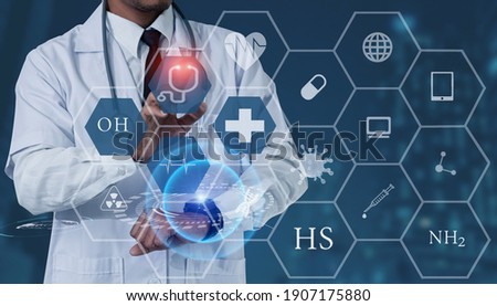 Double exposure of technology healthcare And Medicine concept. Doctor using digital smart watch and modern virtual screen interface icons panoramic banner, blurred background.