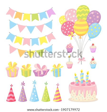 Set of birthday party design elements. Cute collection of balloons, flags, cupcakes, cake, gift boxes, garlands and hats in pastel colors. Vector illustration in cartoon style isolated on a white