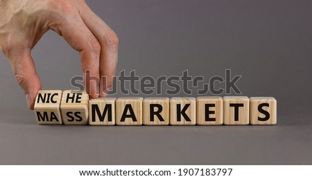 Mass or niche markets symbol. Businessman turns wooden cubes and changed words 'mass markets' to 'niche markets'. Beautiful grey background, copy space. Business and mass or niche markets concept. Royalty-Free Stock Photo #1907183797