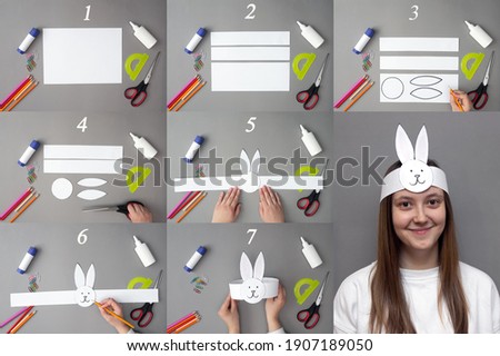 Step by step photo instructions DIY Easter bunny mask on head made of paper from 7 steps on a grey background.