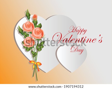 Valentine's day banner or greeting card with imitation of paper cut hearts and a bouquet of orange roses. Vector illustration on a yellow background. 