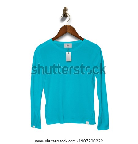 Add your brand designs or logo on this Front View Classy Long Sleeve T Shirt Mockup In Blue Atoll Color With Hanger, for Impressive look.