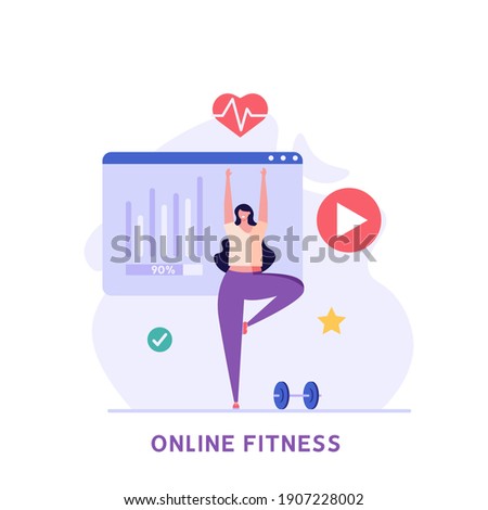 Woman doing yoga at home in mobile app. Concept of online fitness, online gym, workout at home, video exercise, smart sports equipment. Vector illustration in flat design for ui, web banner