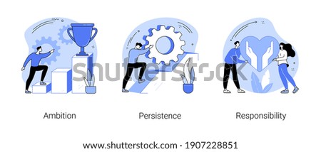 Goal achievement abstract concept vector illustration set. Ambition, persistence and responsibility, making fast career, self-confident, motivation and determination, success abstract metaphor. Royalty-Free Stock Photo #1907228851