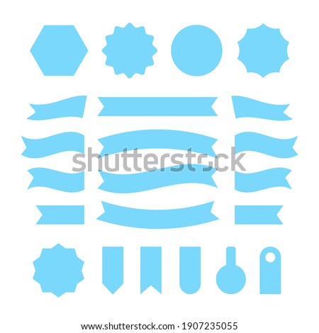 Blue ribbons, badges and labels set. Flat design. Blue shapes. Vector illustration isolated on white background