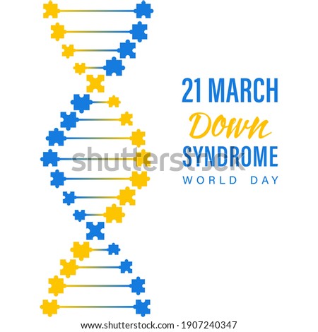 Down syndrome world day. Abstract molecule DNA with blue and yellow puzzle on a white backdrop. 21 March is World Down Syndrome Day.  Royalty-Free Stock Photo #1907240347