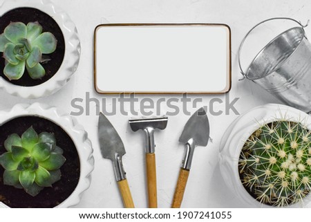 Online gardening courses. The background with the phone has a copy of the space. A variety of items for the care of plants. Flat lay. Top view.